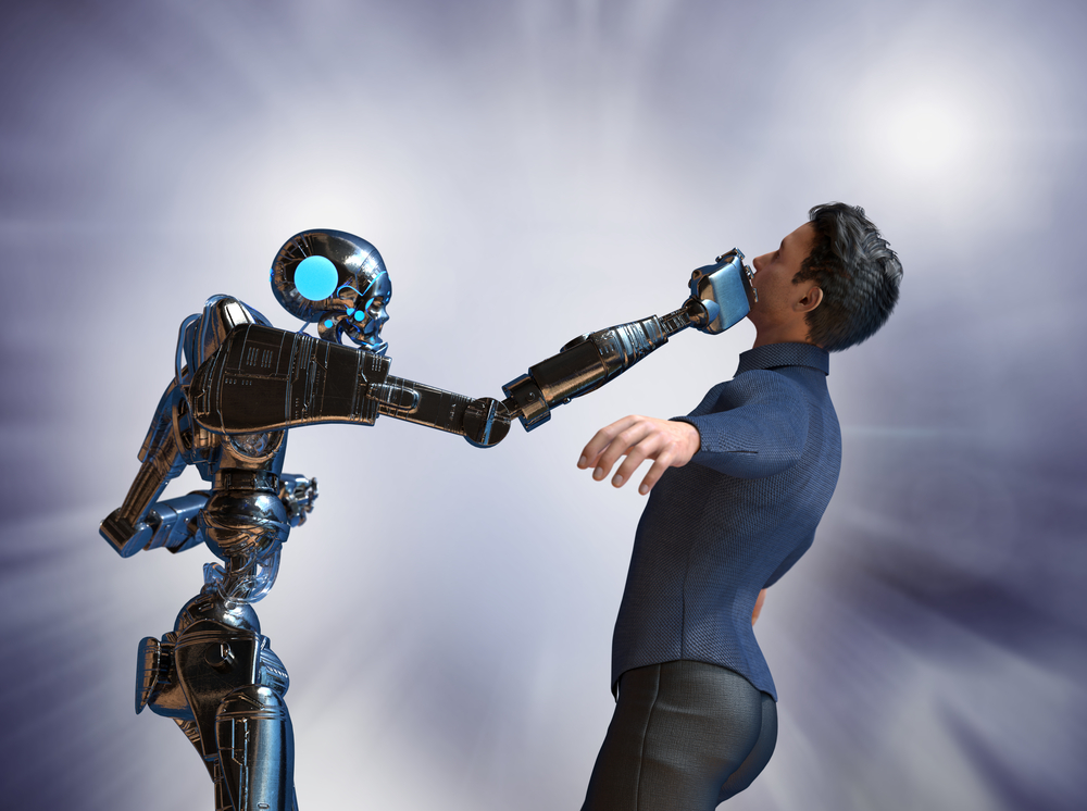 Conceptual 3D render of a robot and man in combat